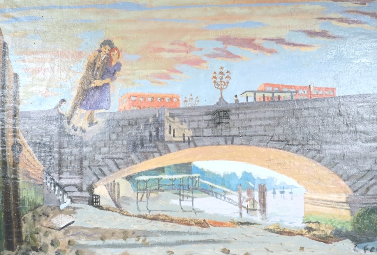 Constance Fenn RCA,NEAC (1933-2001), Figures and bridge, signed, surreal oil on canvas, 61 x 91cm, unframed